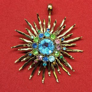 Brass Sunburst Gold Tone Pendant Colorful Rhinestones